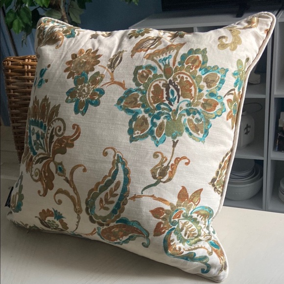 Envogue Blue and Brown Accent Pillow with Floral Paisley Design - Picture 1 of 6